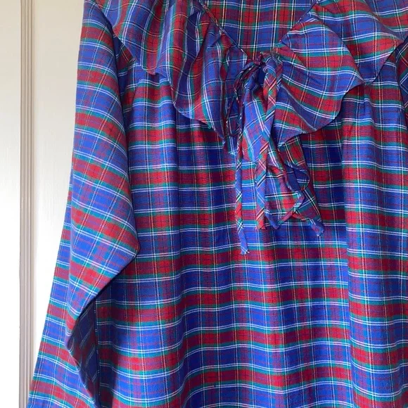 Eddie Bauer Womens L Ruffle Neck 3/4 length Nightgown Red Blue PLAID 90s USA - Picture 6 of 14